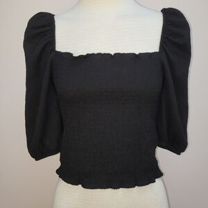 H&M Black Puff Half Sleeve Square Neck Smocked Top, Size Small